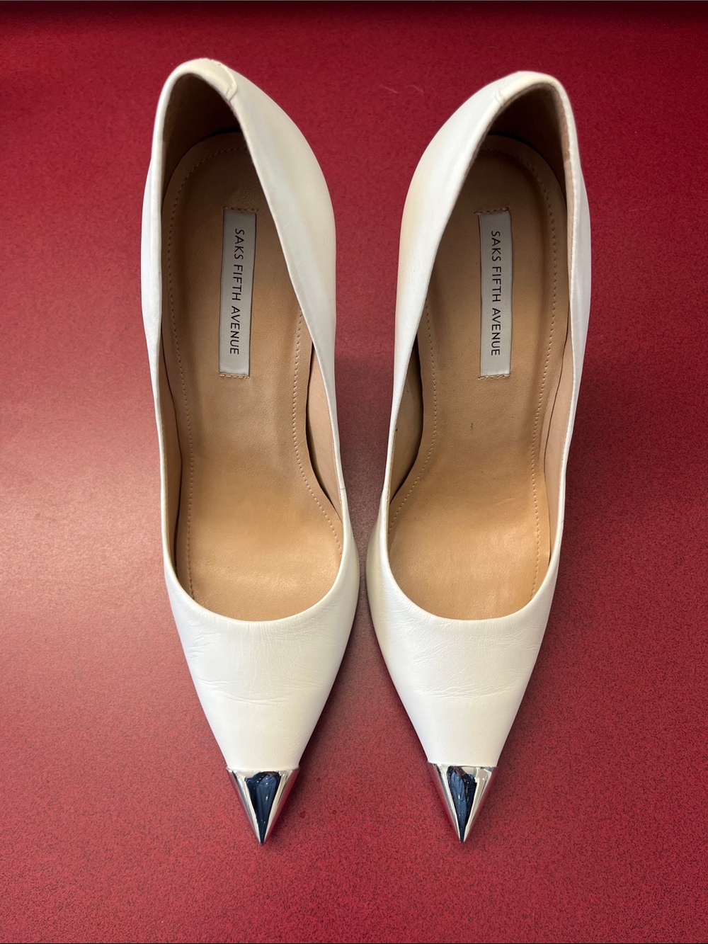 Saks Fifth Avenue White Pointed Toe Pumps with Silver Toe Caps